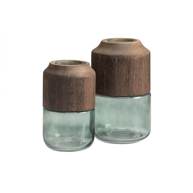 Woood Celeste Vaas Glas/hout Blauw/groen 28x16cm