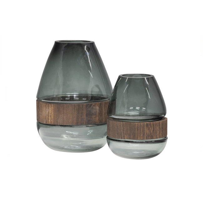 Woood Dave Vaas Glas/hout Blauw/groen 26x19cm