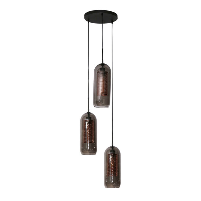 WoonStijl Hanglamp 3L getrapt smoke glas-geperforeerd staal
