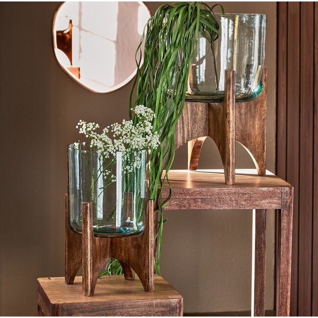 Light & Living Vaas op voet JACE glas+hout bruin - 2 afmetingen