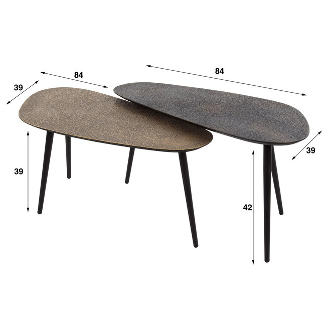WoonStijl Salontafel set van 2 niervormig metallic zwart en antiek brass