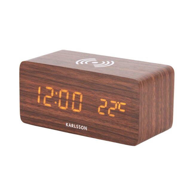 Karlsson Wekker Block met telefoonoplader LED donkerbruin