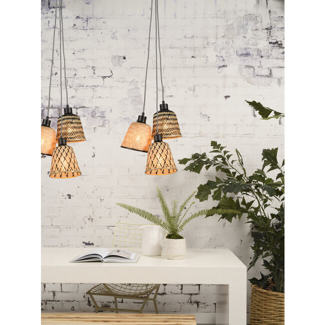 Good&Mojo Hanglamp Kalimantan met 3 kappen bamboe Ø17 zwart/naturel