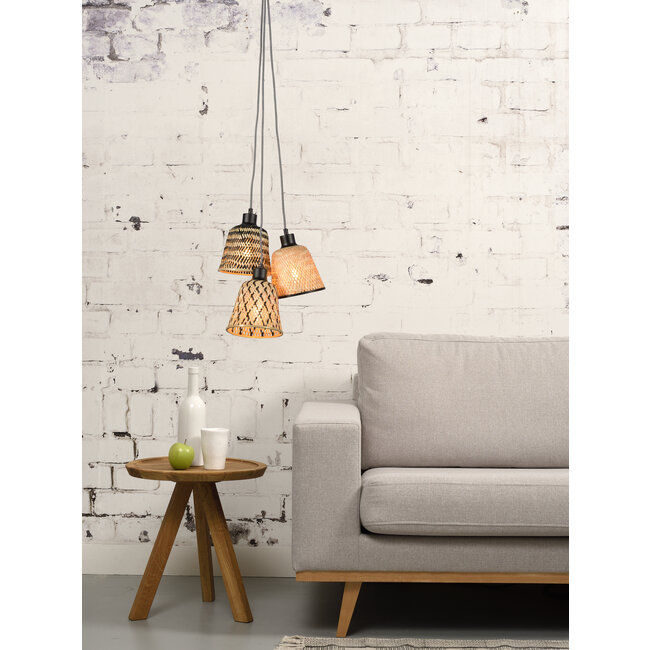 Good&Mojo Hanglamp Kalimantan met 3 kappen bamboe Ø17 zwart/naturel
