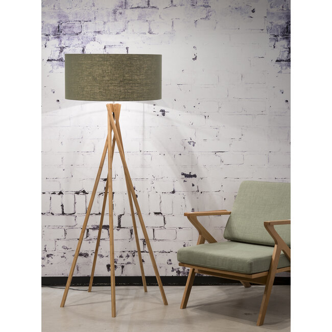 Good&Mojo Vloerlamp bamboe 5-poot Kilimanjaro h.160cm/kap 60x30cm eco linnen green forest