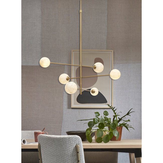 it's about RoMi Hanglamp glas/ijzer Carrara 3-arm met 6 bollen wit marmerprint/goud