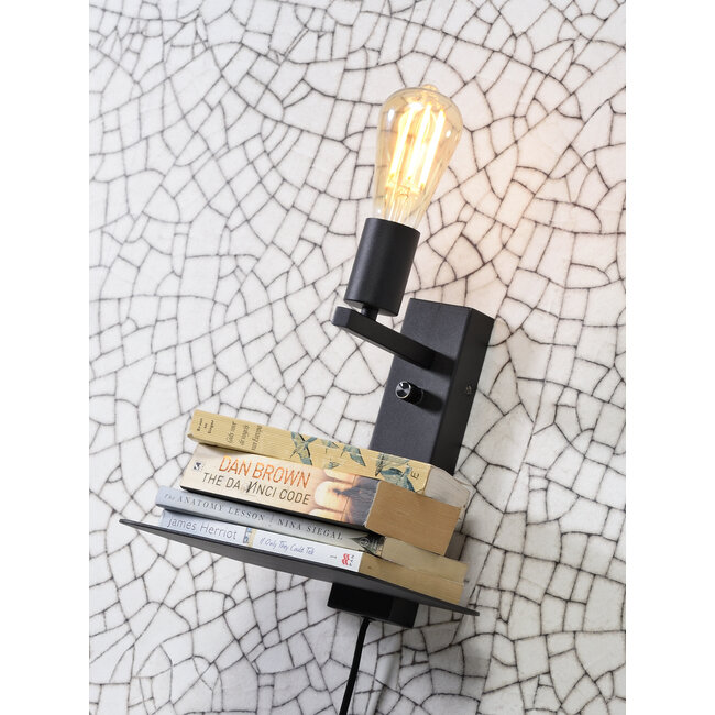 it's about RoMi Wandlamp ijzer Florence met plank+usb incl.dimmer zwart
