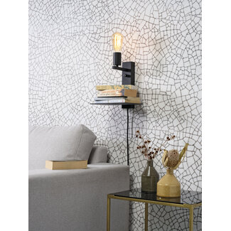 its about RoMi Wandlamp ijzer Florence met plank+usb incl.dimmer zwart