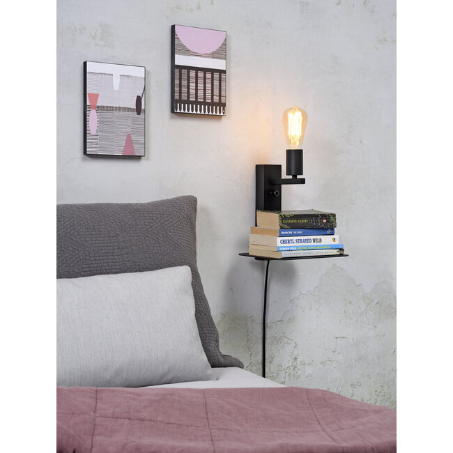 it's about RoMi Wandlamp ijzer Florence met plank+usb incl.dimmer zwart