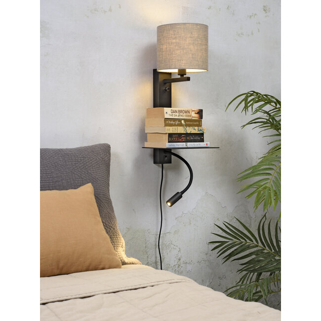 its about RoMi Wandlamp ijzer Florence plank+usb+leeslamp 15000hrs incl. dimmer d. linnen