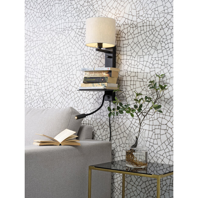 it's about RoMi Wandlamp ijzer Florence plank+usb+leeslamp 15000hrs incl. dimmer l. linnen