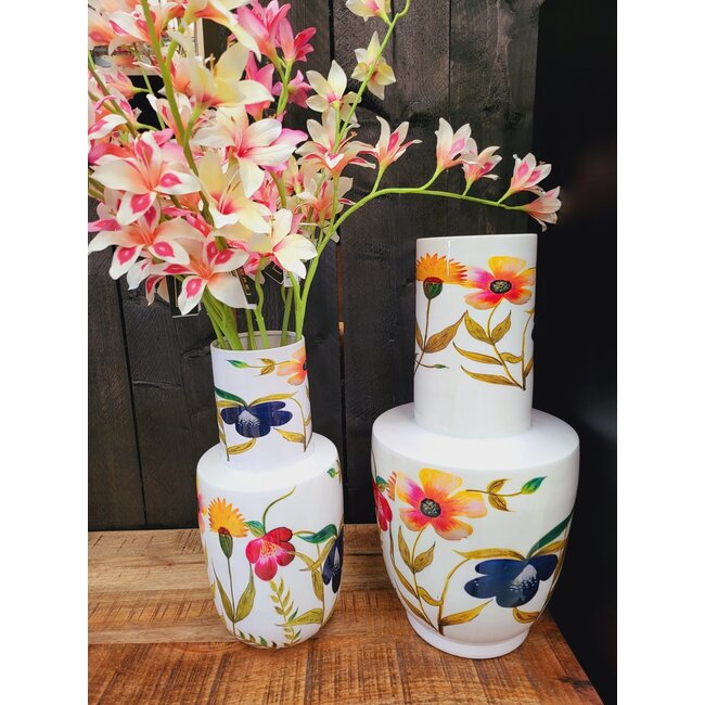 Light en Living Vaas deco Ø28x55 cm YVOTA wit+bloemen print