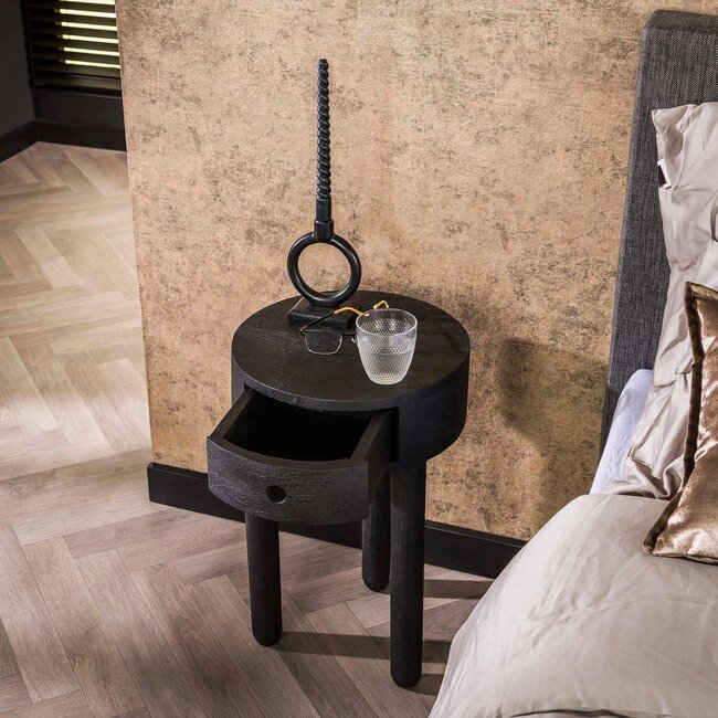 WoonStijl Nachtkastje Round zwart acacia met 1 lade