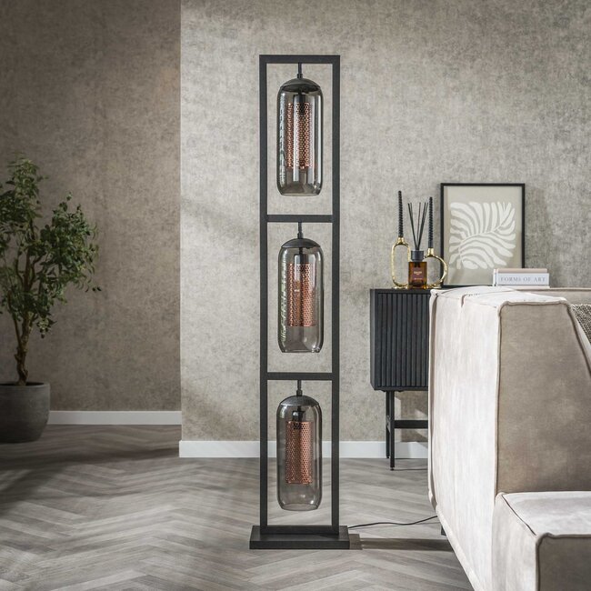 WoonStijl Vloerlamp 3L tower smoke glas-geperforeerd staal