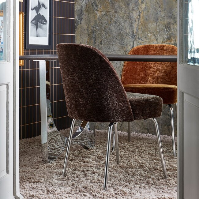 Woood Vogue eetkamerstoel 3d chenille donkerbruin chrome poot