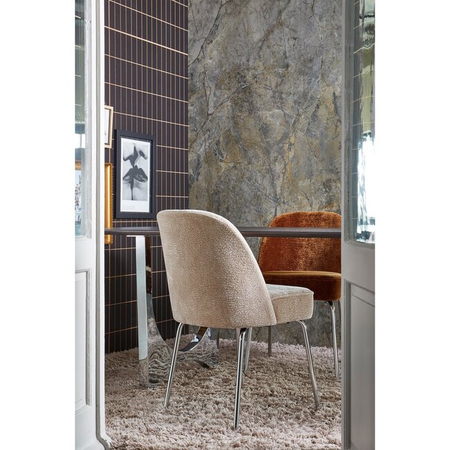 Woood Vogue eetkamerstoel 3d chenille zand chrome poot