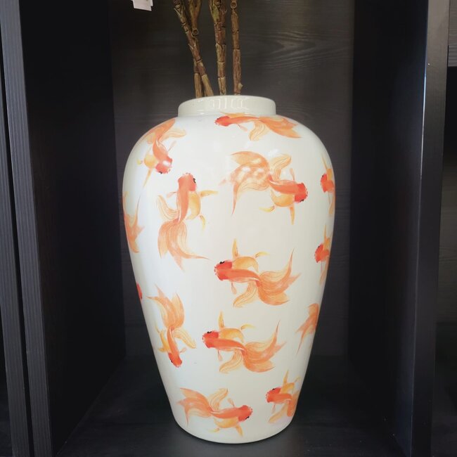 Light en Living Vaas deco Ø28X42 cm Fish keramiek wit+oranje
