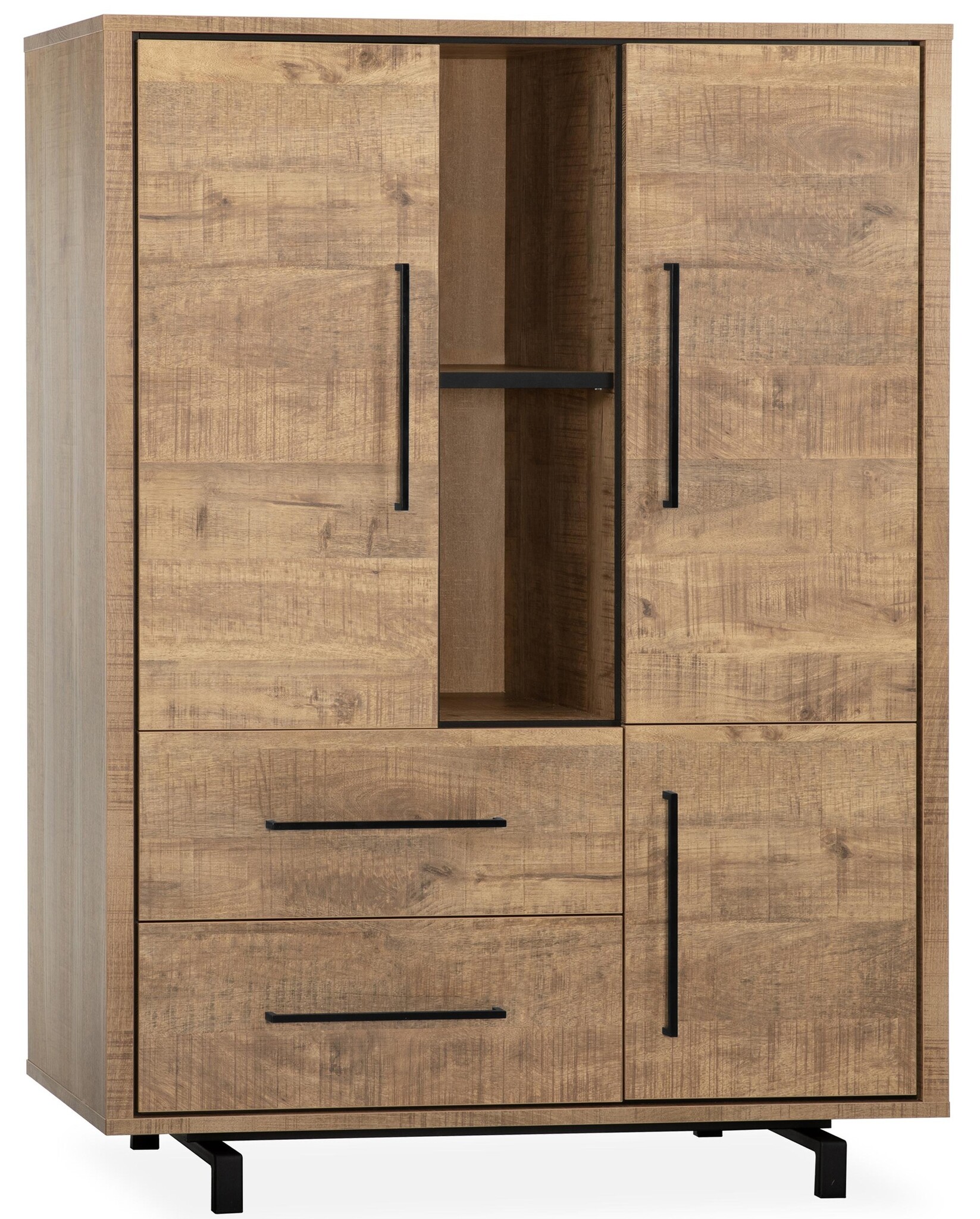 Sideboard, Keukenkast, Opbergkast, 2 Glazen Deuren, Open Vak Industrieel Design Vintage Bruin Zwart