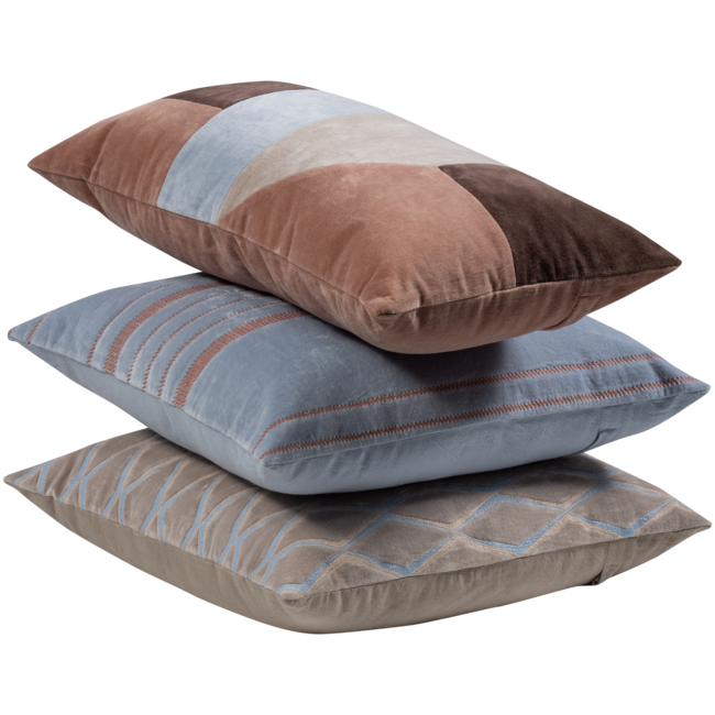 Woood Laon kussens velvet naturel/blauw - set van 3