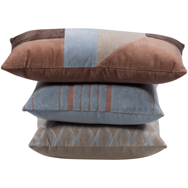 Woood Laon kussens velvet naturel/blauw - set van 3
