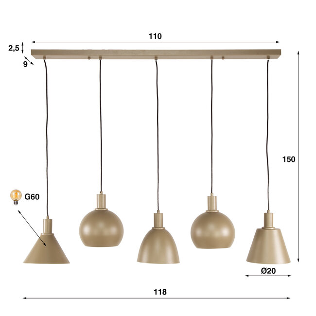 WoonStijl Hanglamp 5L Metallo mix Beige