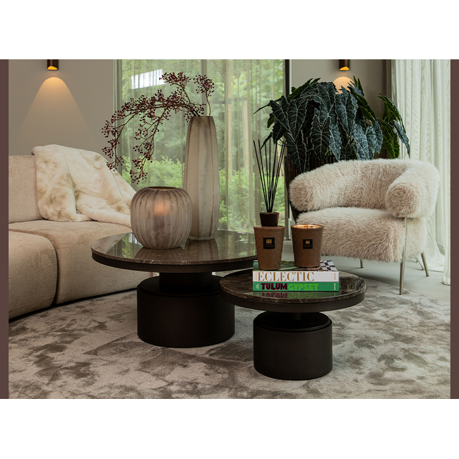 PTMD Salontafel Bregt laag Ø 60 bruin marmer met grijs onderstel