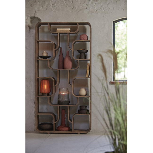 Light en Living Windlicht Ø18X26 Cm MINAS glas Rib helder+hout donkerbruin