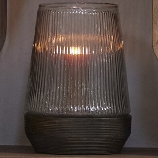 Light en Living Windlicht Ø18X26 Cm MINAS glas Rib helder+hout donkerbruin