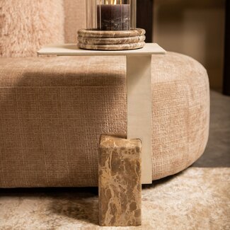 PTMD Bijzettafel Ebe beige marmeren bijzettafel met rechthoekig aluminium blad