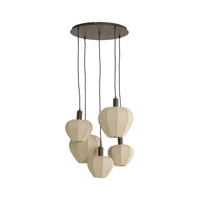 Light en Living Hanglamp 5L Ø76x140 cm HUXI donkerbruin houtprint + linnen crème