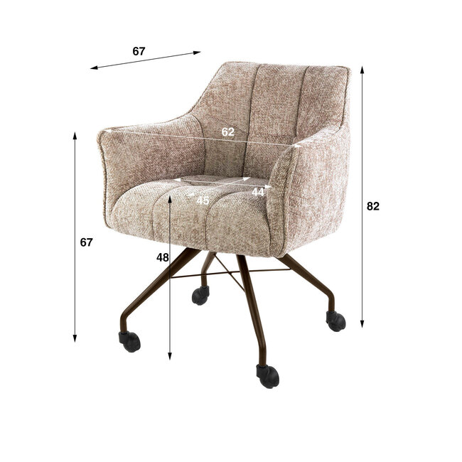 WoonStijl Armstoel Raster wieltjes Hoven zand-bruin frame