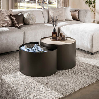 WoonStijl Salontafel Metal half moon set van 2 keramiek travertin