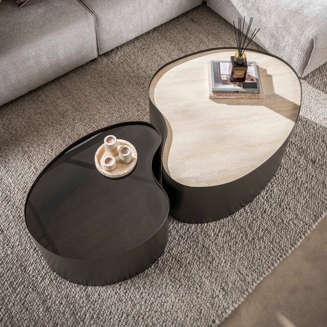 WoonStijl Salontafel Metal organisch set van 2  keramiek travertin