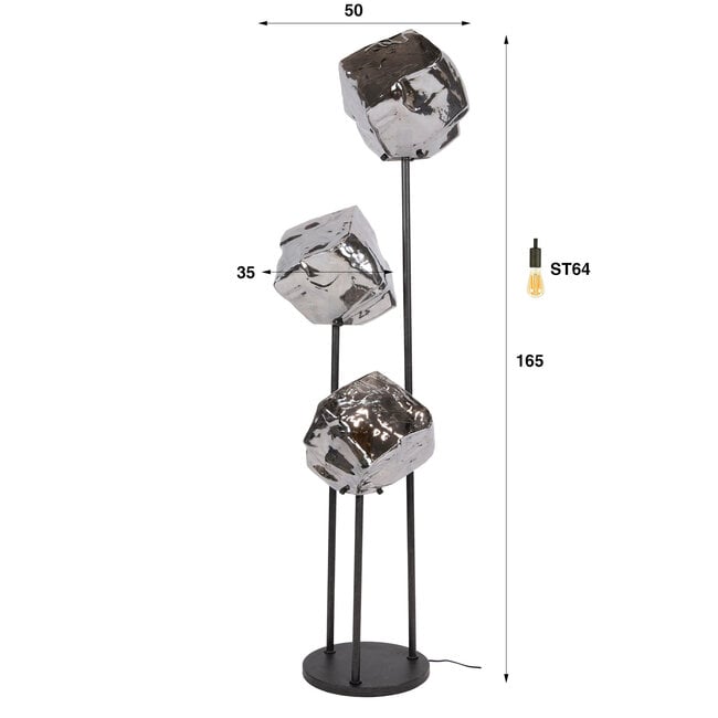 WoonStijl Vloerlamp Rock getrapt 3-lichts Chroom glas