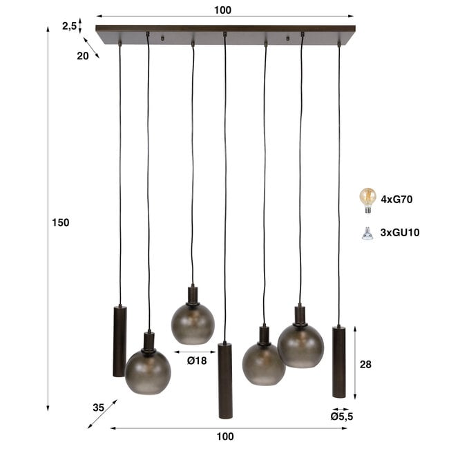 WoonStijl Hanglamp 4+3L Sfera tricolore Sienna bruin frosted