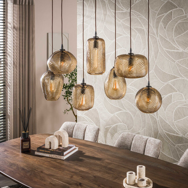 WoonStijl Hanglamp Chevron 4+3-lichts Smoke bruin glas