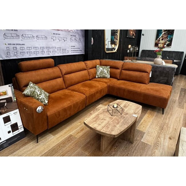 WoonMax Bank Liberty  A2Z - Cabrio cognac met contrast stiksel - Chaise Longue arm links -3 zits met arm rechts +2x losse hoofdsteun
