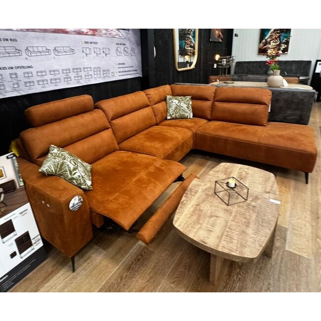 WoonMax Bank Liberty  A2Z - Cabrio cognac met contrast stiksel - Chaise Longue arm links -3 zits met arm rechts +2x losse hoofdsteun