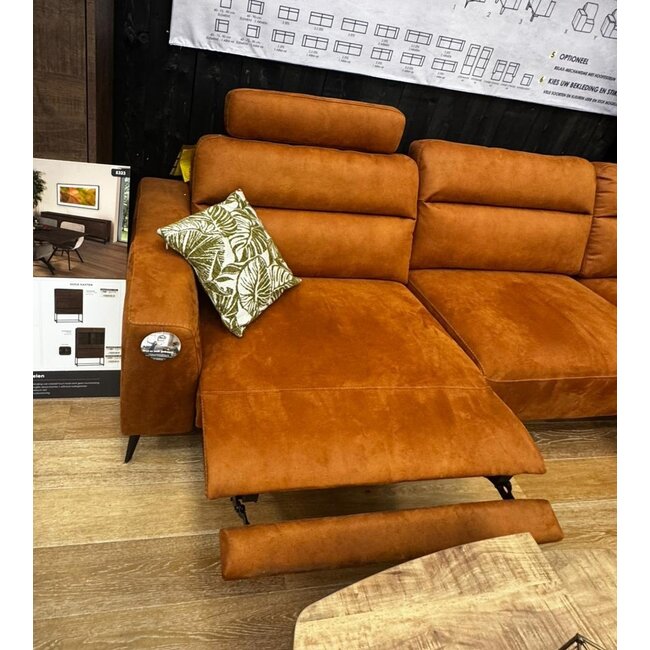 WoonMax Bank Liberty  A2Z - Cabrio cognac met contrast stiksel - Chaise Longue arm links -3 zits met arm rechts +2x losse hoofdsteun
