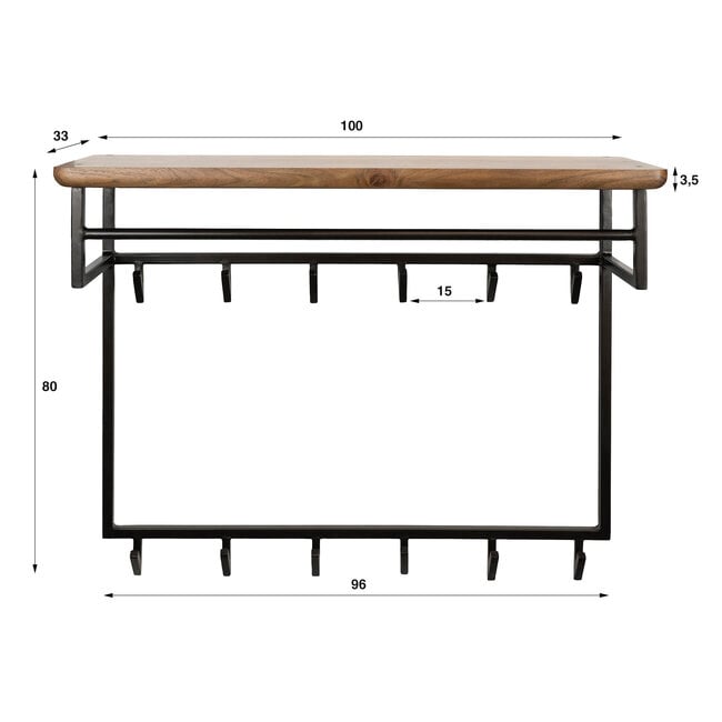 WoonStijl Kapstok Edge Curve hoog 12 haken acacia bruin