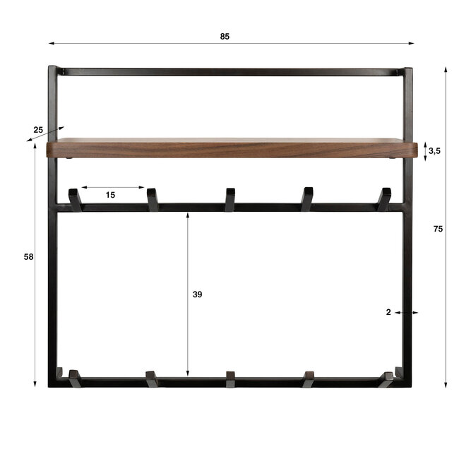 WoonStijl Kapstok Air Solid hoog 2x6 haken acacia bruin