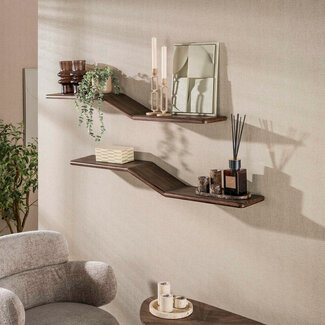 WoonStijl Wandplank Maya S-shape set van 2 teak espresso