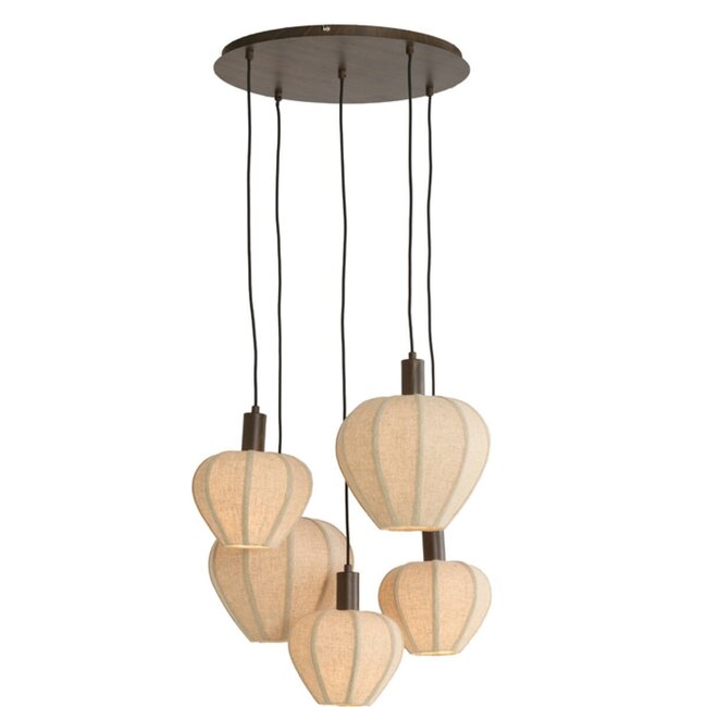 Light en Living Hanglamp 5L Ø76x140 cm HUXI houtprint donkerbruin + linnen crème