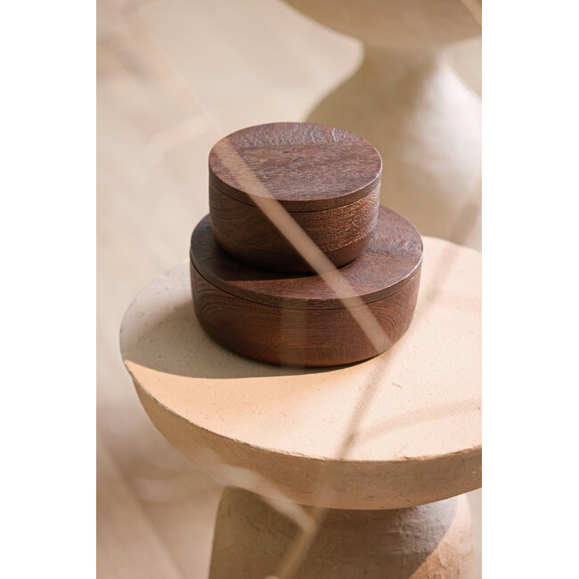 Light & Living Deco box Ø14x7 cm METETI hout mat donker bruin