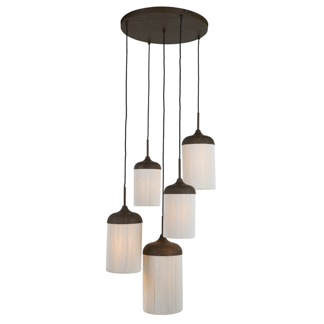 Light en Living Hanglamp 5L Ø50x32 cm DANIA houtprint donkerbruin+touw crème