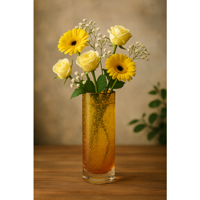 Ochtendzon – Mondgeblazen glazen vaas uit Zweden met warme amberkleur en luchtbelstructuur