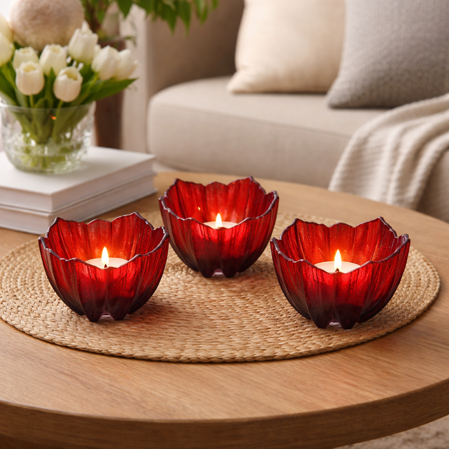 Set mit 3 Mohnblumen Teelichthaltern aus Kristall – Mats Jonasson