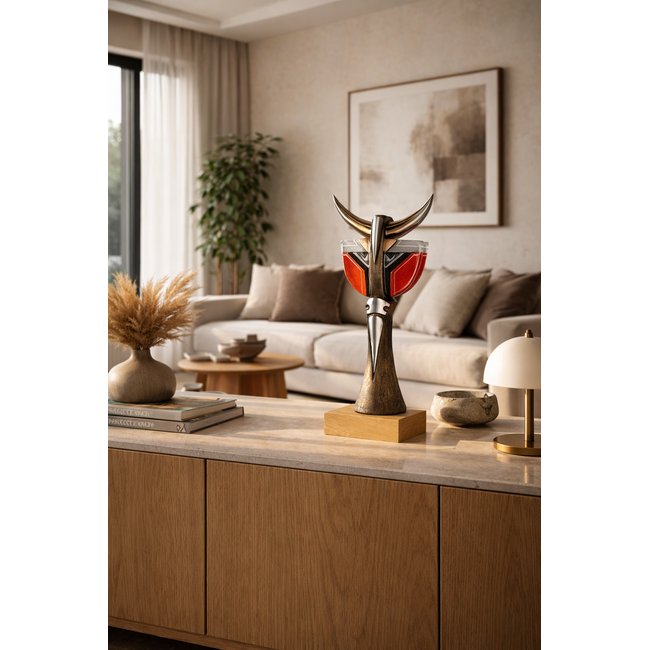 Hero – monumentaal sculptuur van staal en zuiver kristal op eikenhouten basis