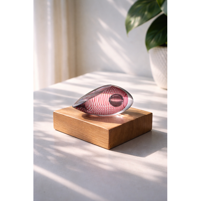 Spirale im Kristall mit markanter Sauerstoffblase als besonderer Blickfang – modernes Glasdesign mit roter Innenstruktur