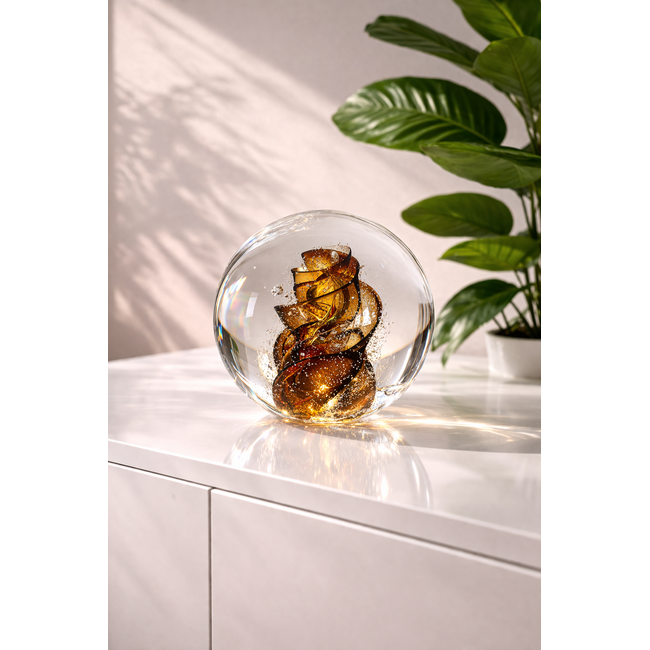 Jubileumgeschenk — Handgeblazen kristallen bol met gouden gekleurde spiraal, luxe cadeau voor jubilea